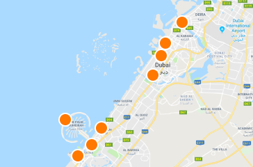Hotels on map, Dubai