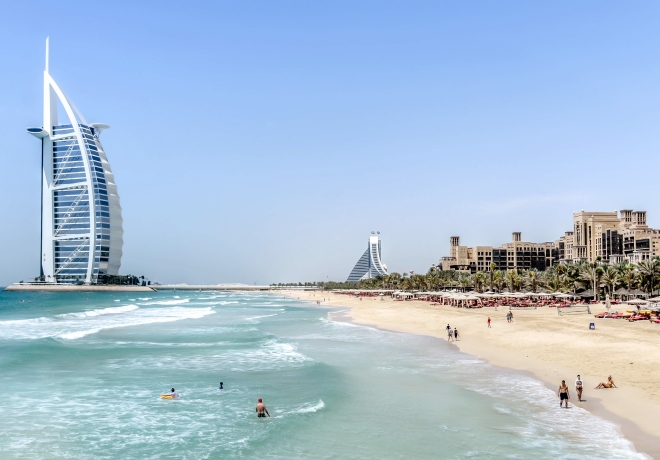 Beach in front of Madinat Jumeirah hotel complex in Dubai